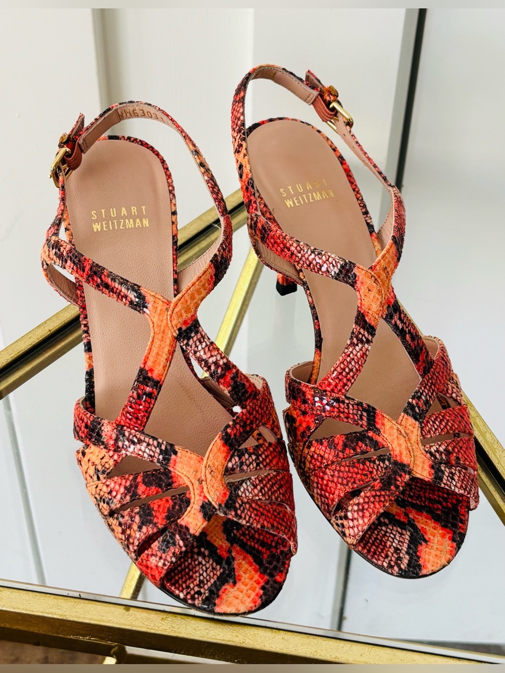 Stuart Weitzman Orange/Red Python Snake print 2" heel size 7